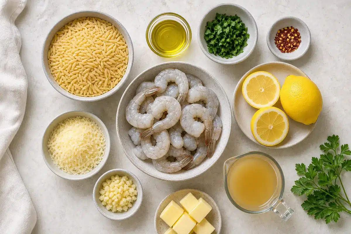 Lemon garlic shrimp with orzo ingredients including shrimp orzo lemon garlic parsley broth butter and Parmesan