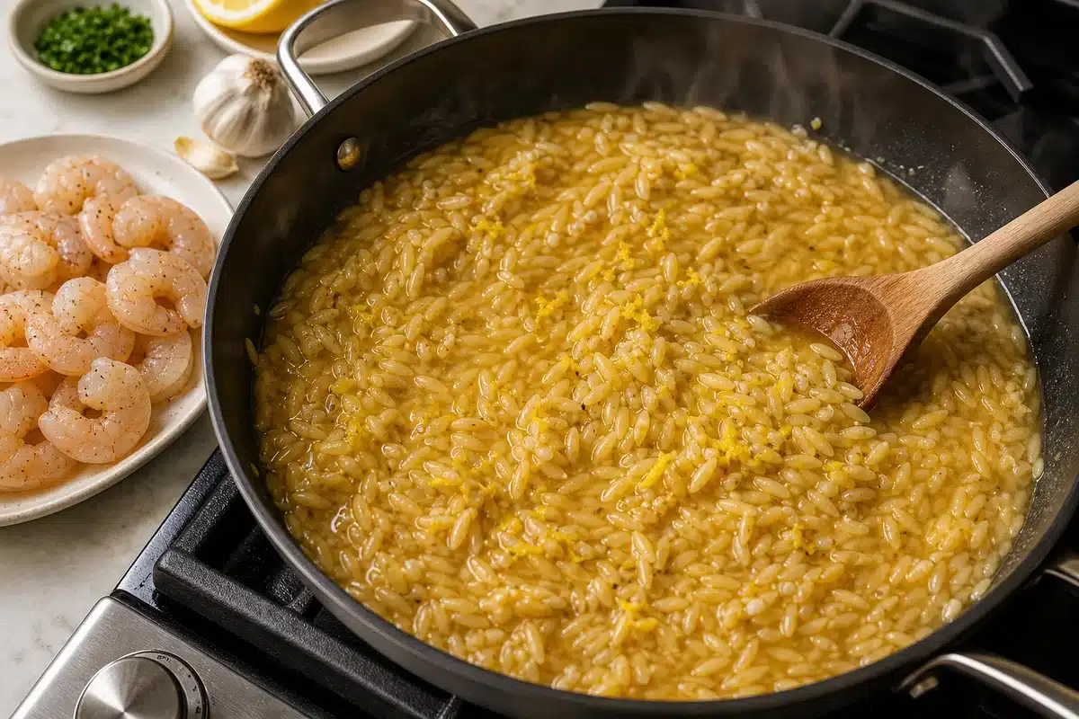 Orzo simmering in a skillet for lemon garlic shrimp with orzo