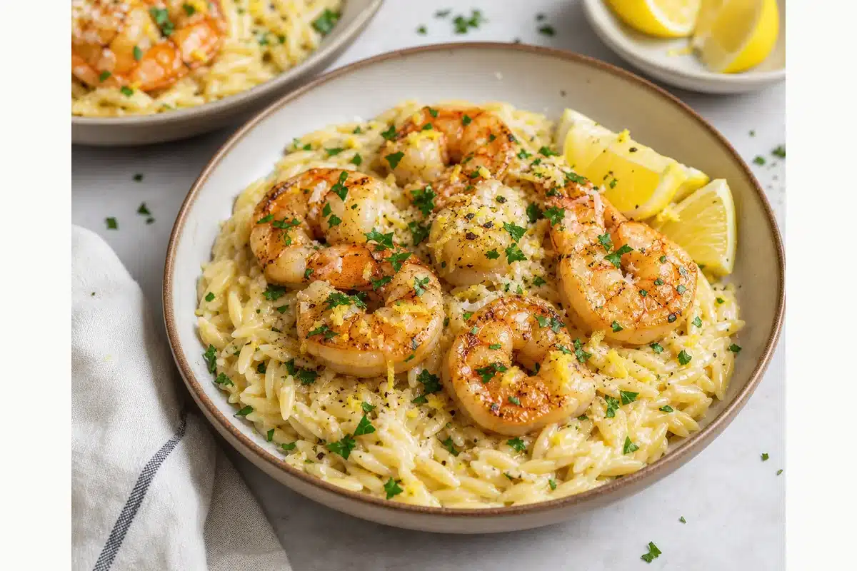 Finished lemon garlic shrimp with orzo in a shallow bowl with lemon and parsley