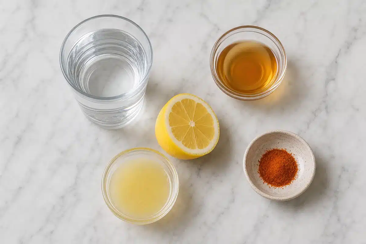 Natural Mounjaro drink ingredients with apple cider vinegar lemon juice cayenne pepper and water