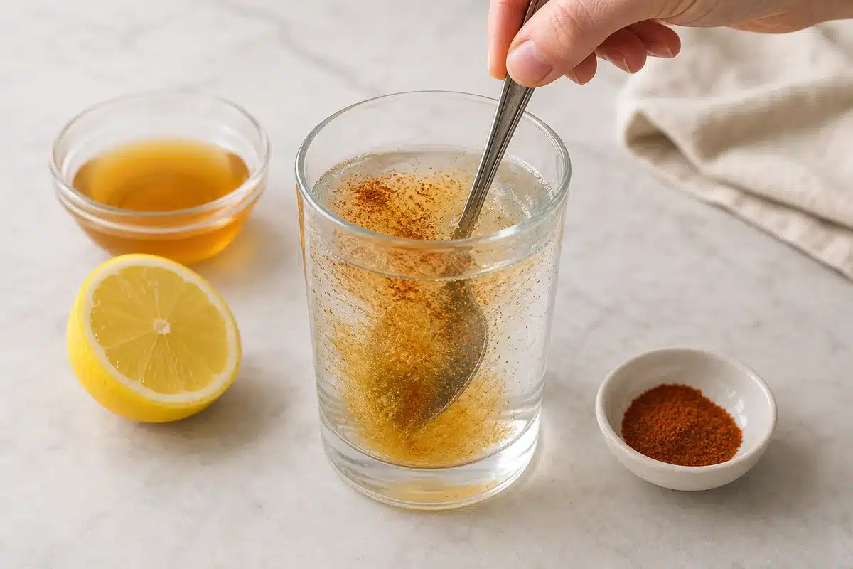 Apple cider vinegar lemon juice and cayenne being stirred into water