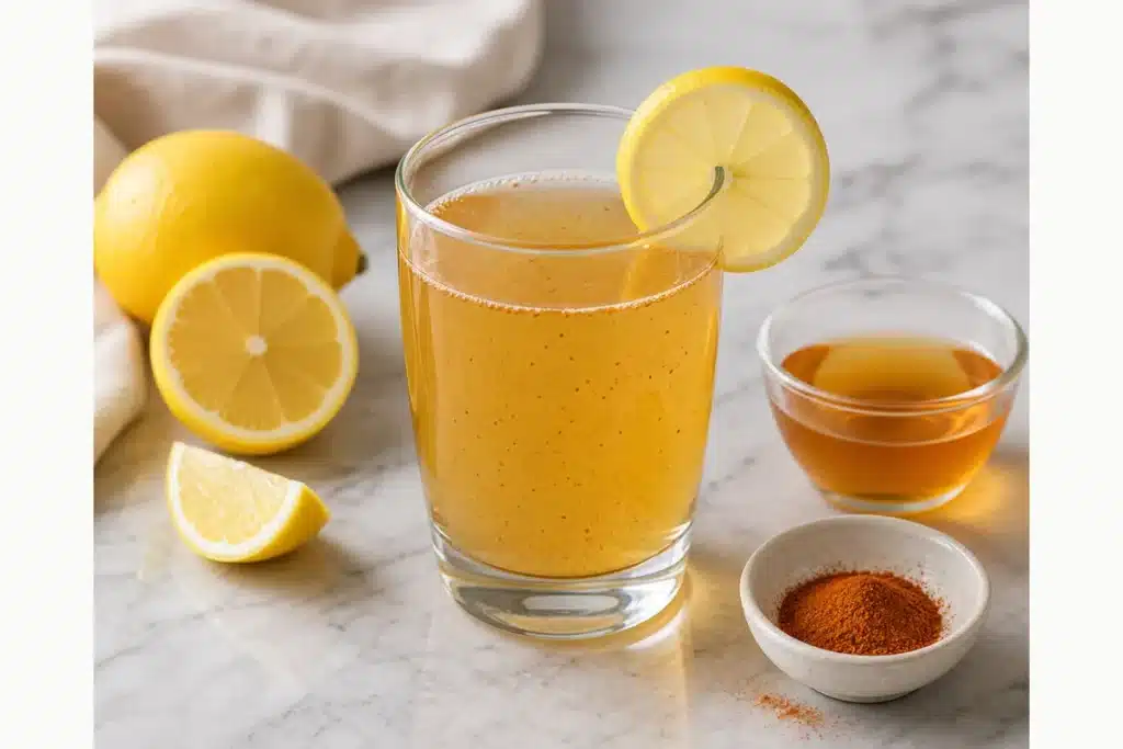 Finished apple cider vinegar lemon cayenne water drink in a clear glass