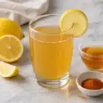 Finished apple cider vinegar lemon cayenne water drink in a clear glass