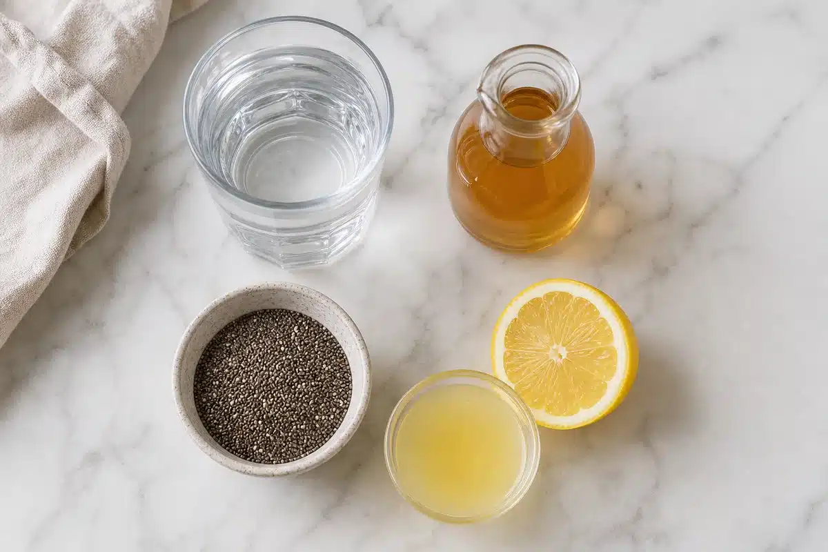 Natural Mounjaro recipe ingredients with lemon juice apple cider vinegar water and chia seeds