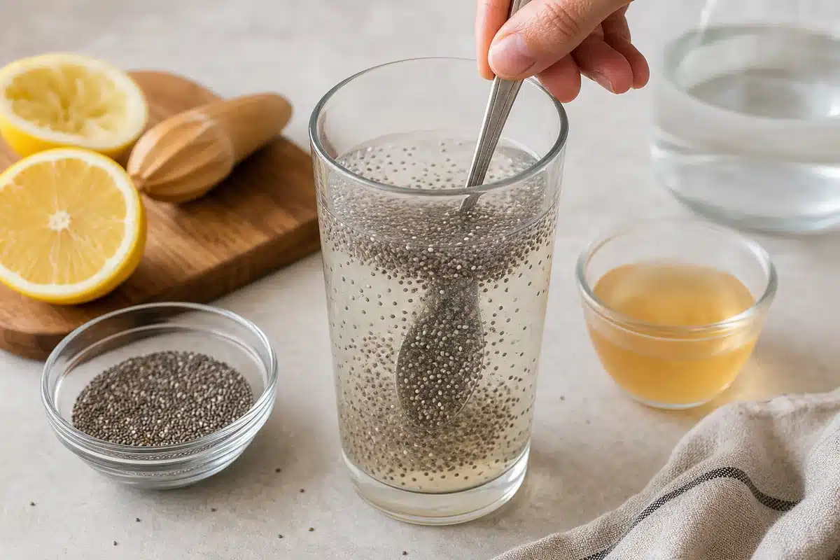 Chia seeds being stirred into a lemon apple cider vinegar water drink