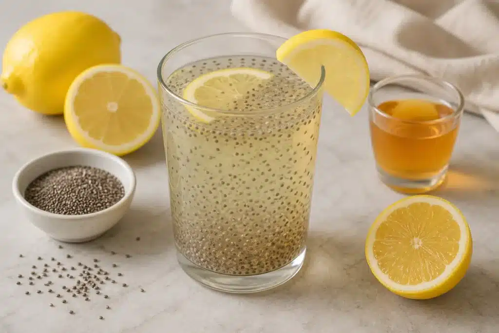 Finished lemon apple cider vinegar chia drink in a clear glass
