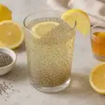 Finished lemon apple cider vinegar chia drink in a clear glass
