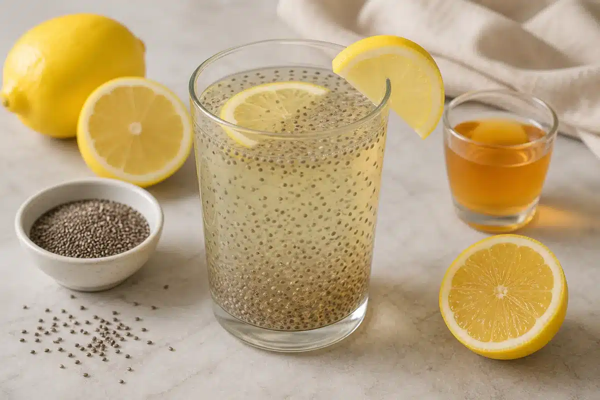 Finished lemon apple cider vinegar chia drink in a clear glass