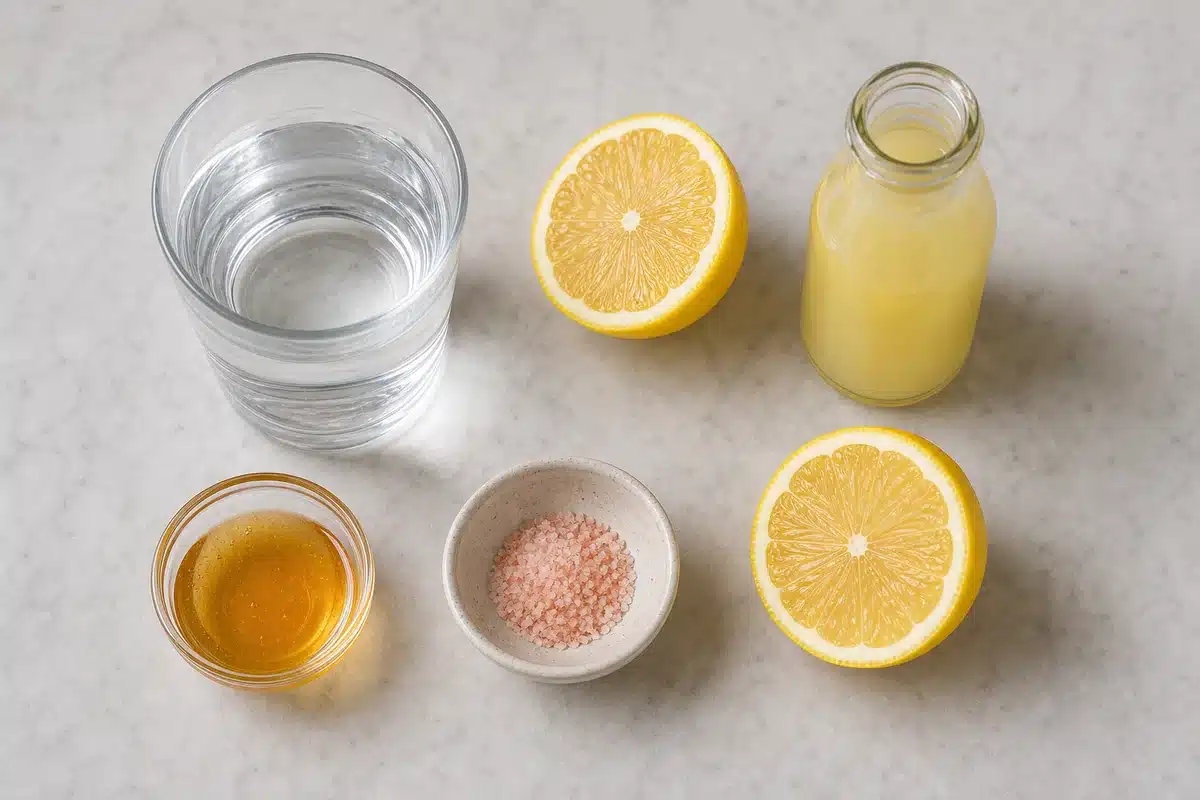 Pink salt lemon water ingredients with water lemons bottled lemon juice salt and honey
