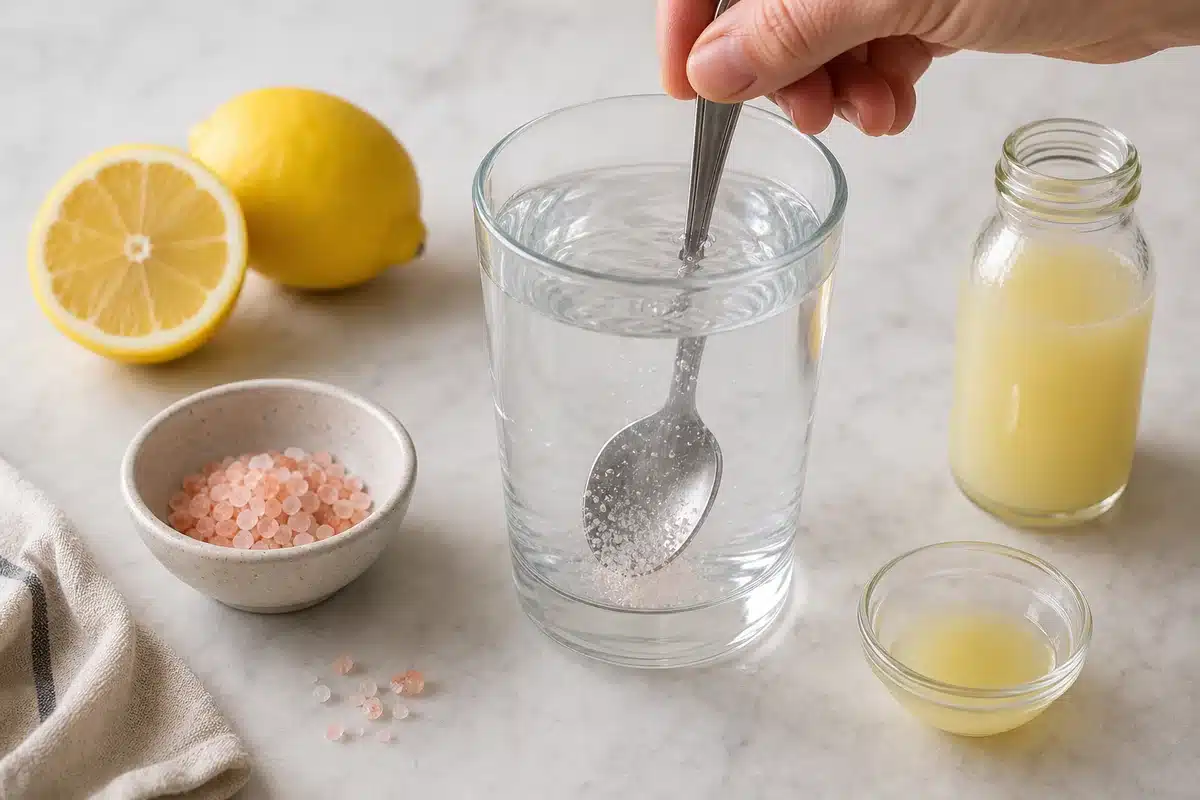 Pink salt and lemon juice being stirred into a glass of water
