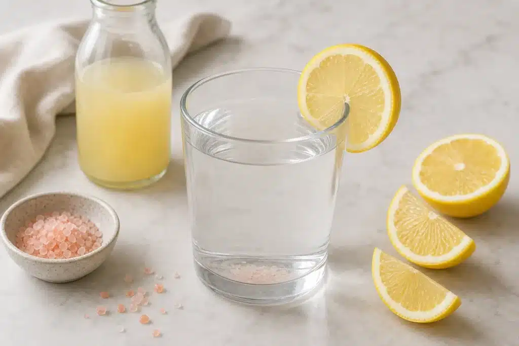 Finished pink salt lemon water in a clear glass with lemon and salt nearby