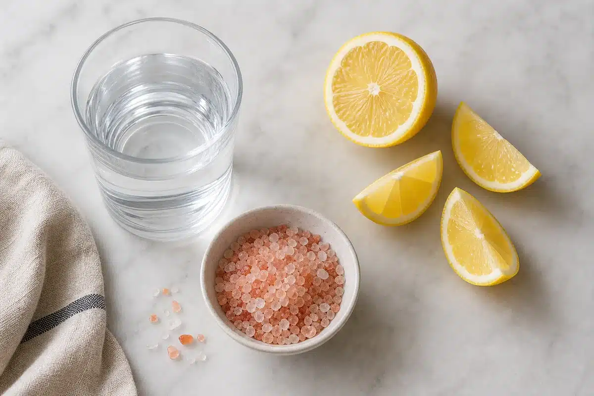 Pink salt crystals with water and lemon on a neutral kitchen counter