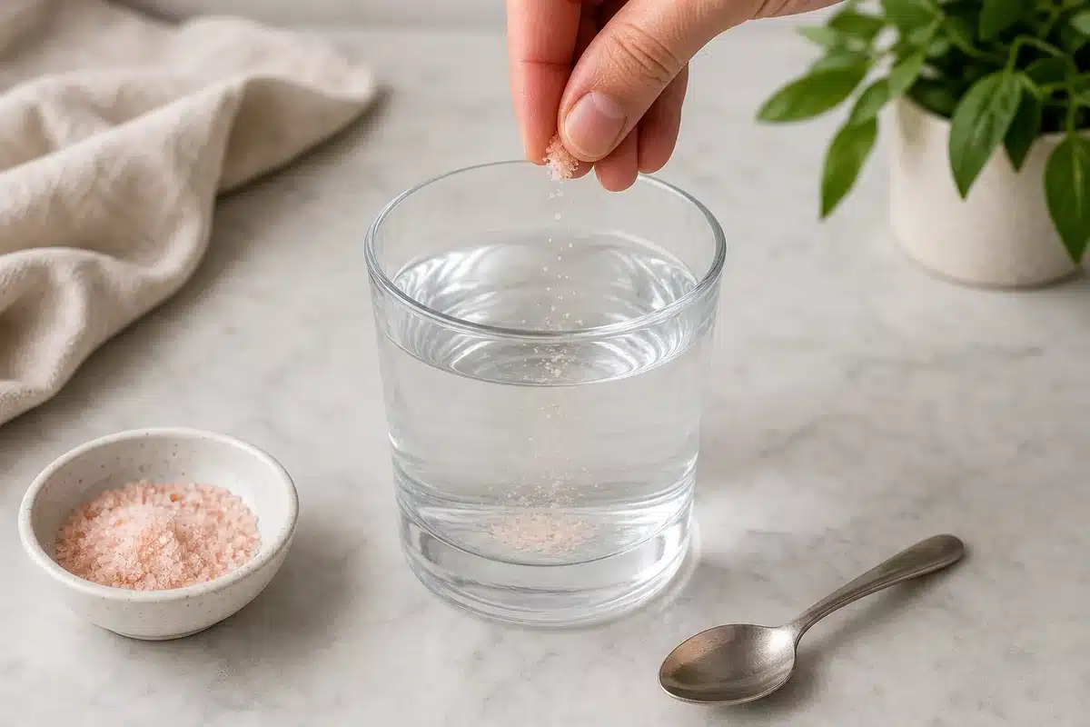 Small measured pinch of pink salt being added to a glass of water