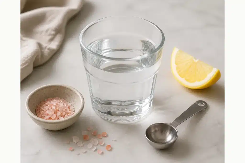 Glass of water with pink salt crystals lemon and measuring spoon nearby