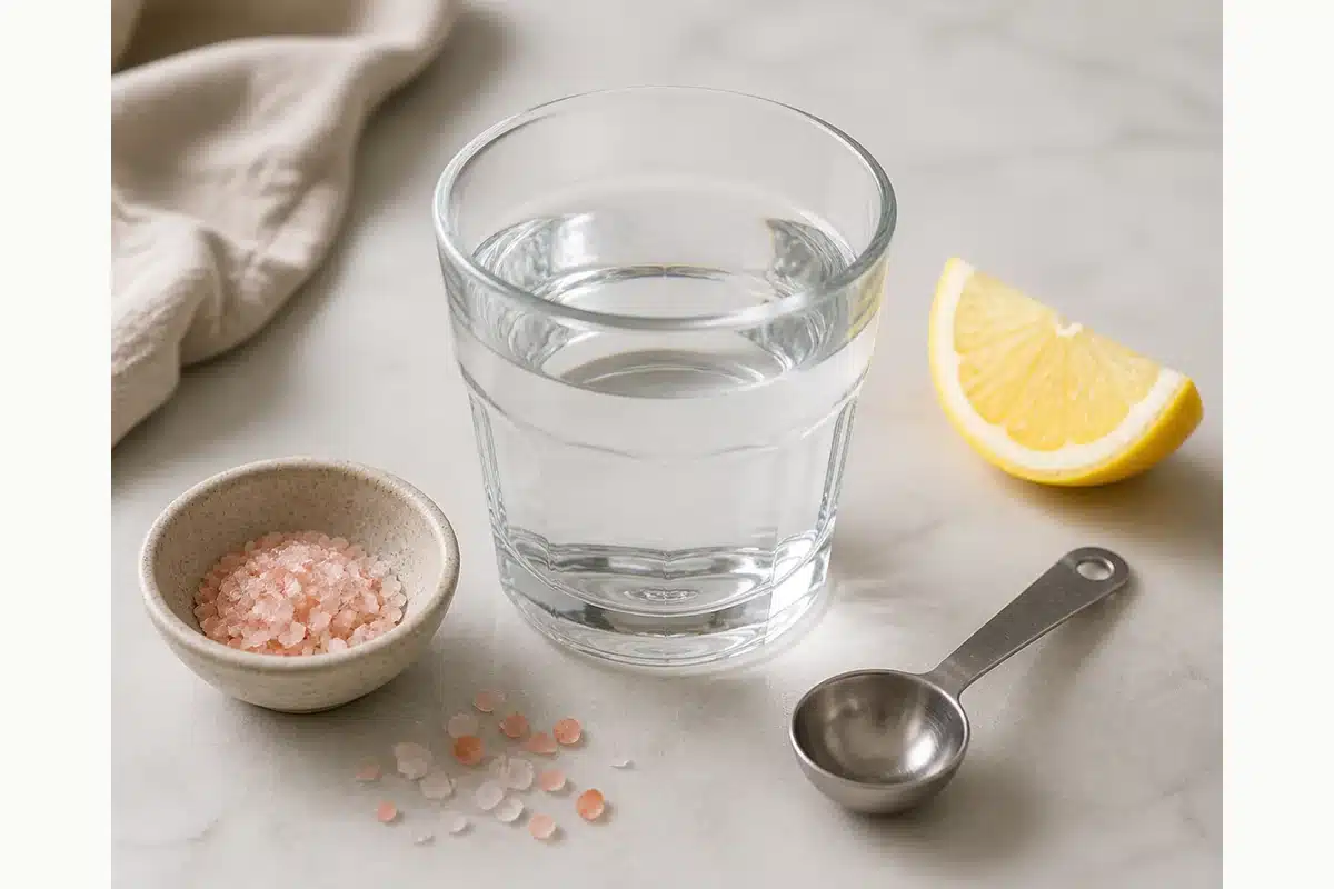 Glass of water with pink salt crystals lemon and measuring spoon nearby