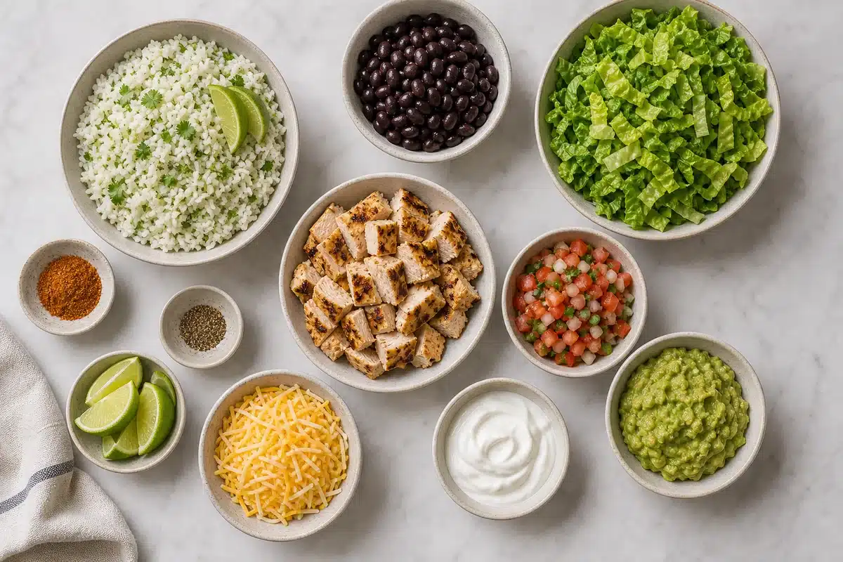 Chicken power bowl ingredients with rice black beans chicken lettuce pico guacamole cheese sour cream and lime