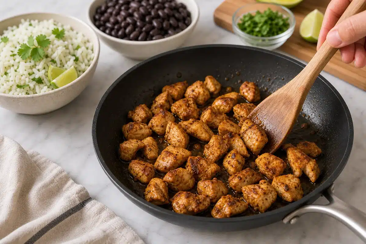 Seasoned chicken cooking in a skillet with rice and black beans nearby