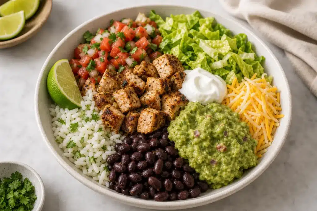 Finished chicken power bowl with rice black beans lettuce pico guacamole cheese sour cream and lime