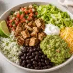 Finished chicken power bowl with rice black beans lettuce pico guacamole cheese sour cream and lime