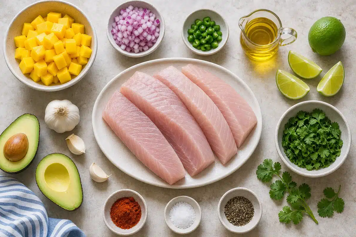 Fresh wahoo fish ingredients with lime avocado mango herbs garlic spices and olive oil