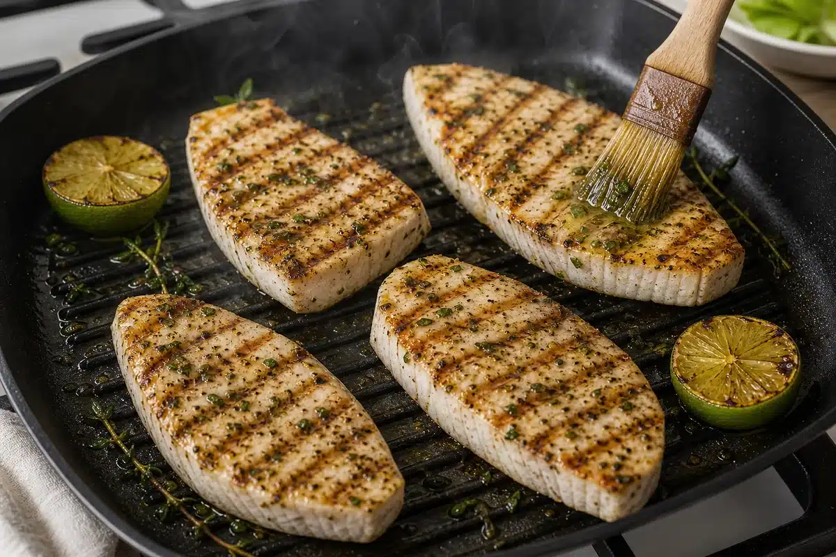 Wahoo fish fillets grilling in a pan with lime and herbs