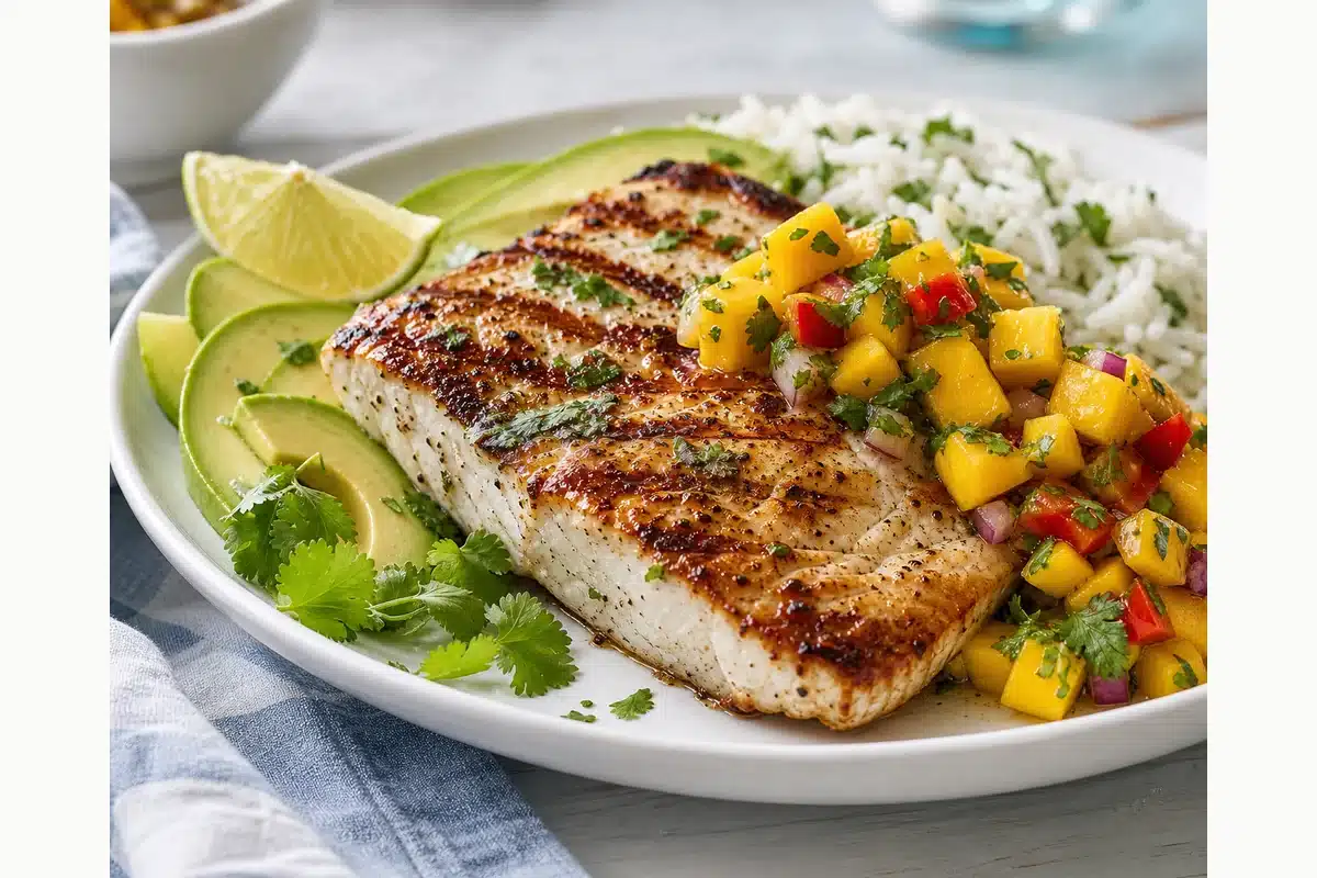 Grilled wahoo fish with rice avocado mango salsa lime and cilantro