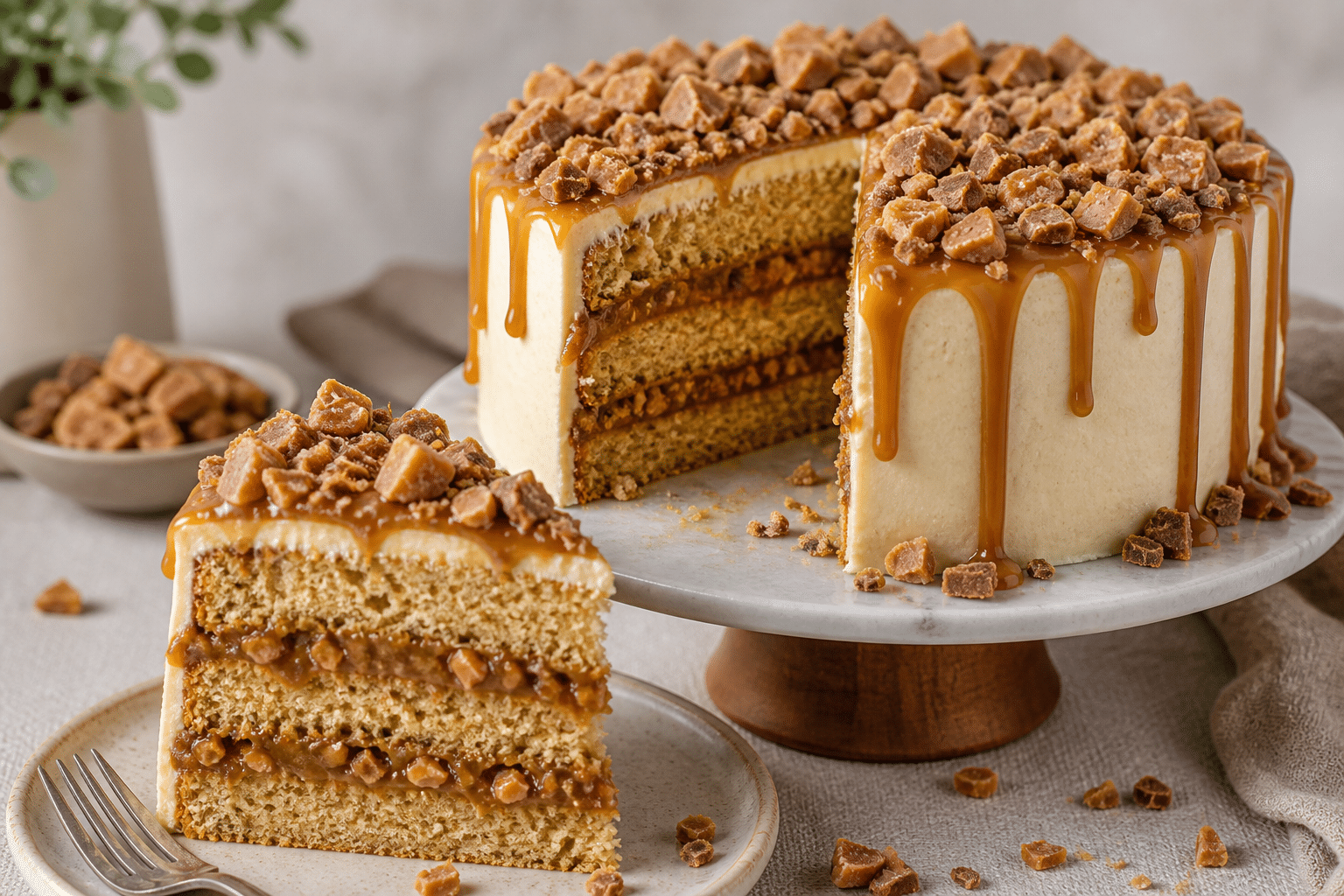 The Best Caramel Toffee Crunch Cake Recipe You'll Ever Try 1 Layered caramel toffee crunch cake with caramel drip and toffee pieces