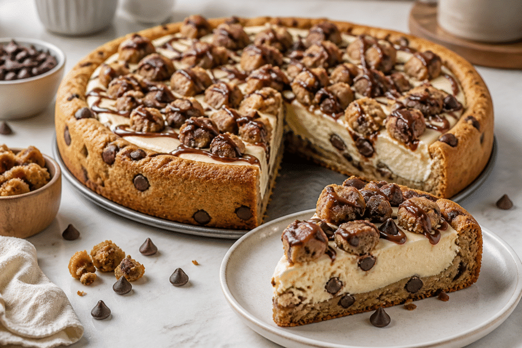 Deep dish cookie dough cheesecake pizza with chocolate chips and cheesecake filling