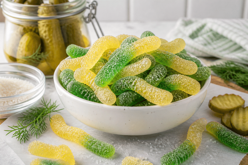 Homemade dill pickle gummy worms coated in sour sugar