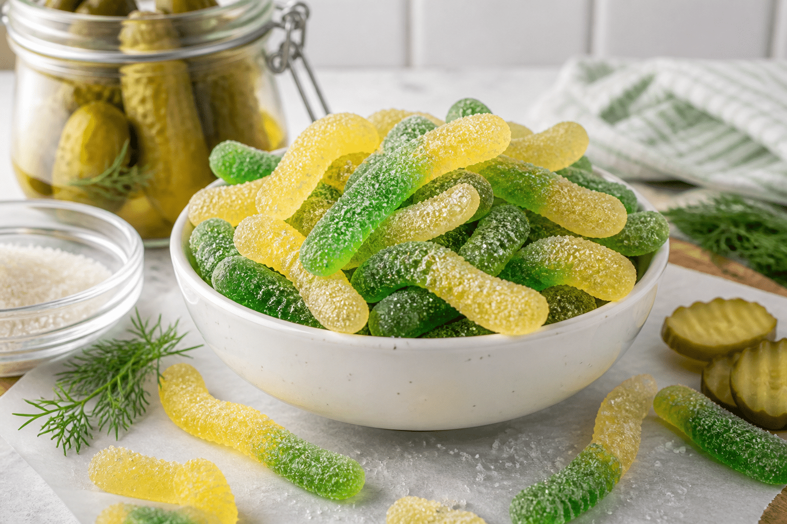 Best Dill Pickle Gummy Worms Recipe — Fun Sour Candy at Home 1 Homemade dill pickle gummy worms coated in sour sugar