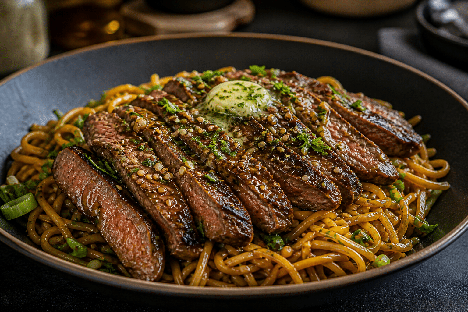 Garlic butter steak slices served over glossy noodles with herb butter