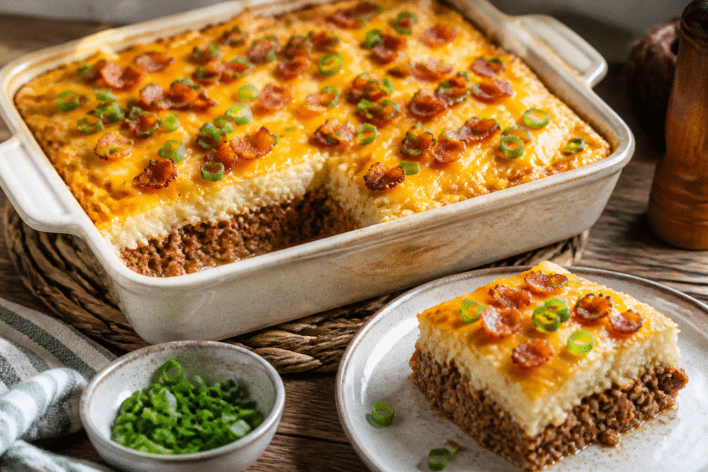 Loaded potato meatloaf casserole with mashed potatoes, cheddar, bacon, and green onions