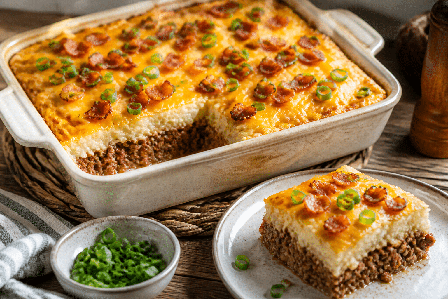 Loaded potato meatloaf casserole with mashed potatoes, cheddar, bacon, and green onions