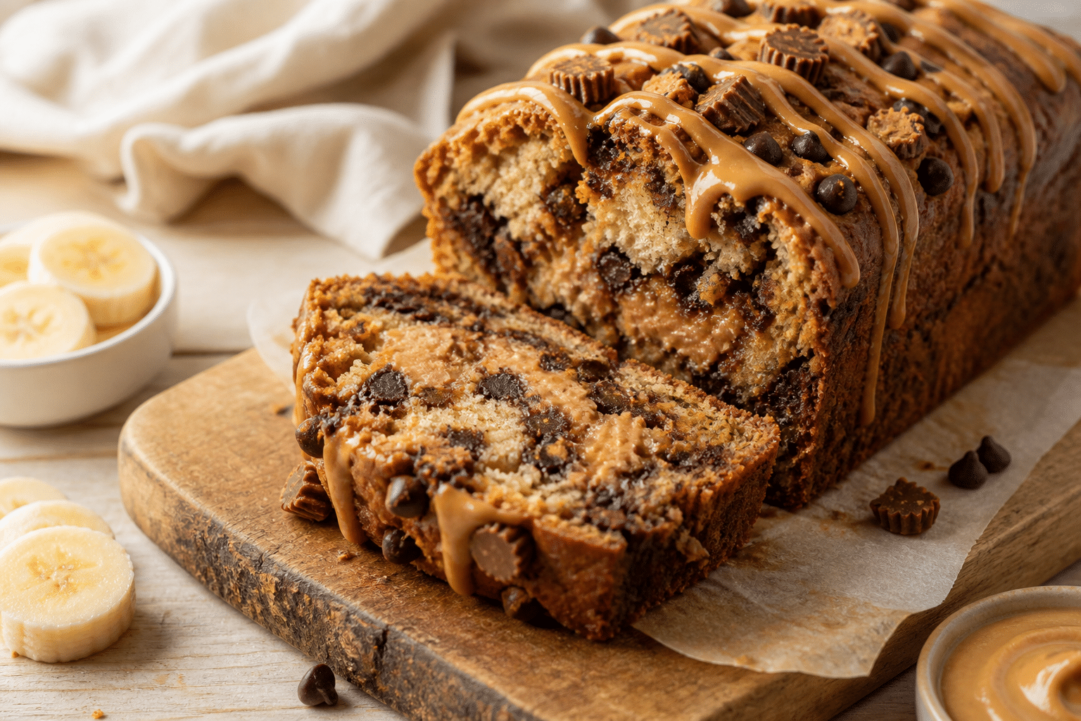 Best Reese's Peanut Butter Banana Bread Recipe: A Slice of Heaven 1 Peanut butter banana bread with chocolate chips and peanut butter cup pieces